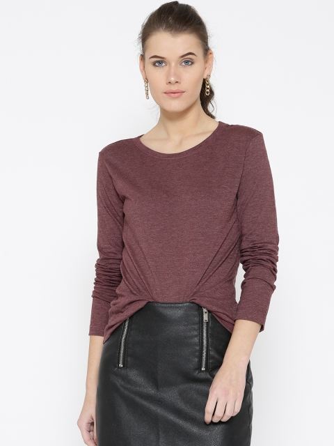 

Aeropostale Women Burgundy Solid Round Neck T-shirt