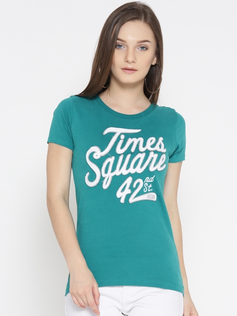 

Aeropostale Women Green Applique Detail Round Neck Pure Cotton T-shirt