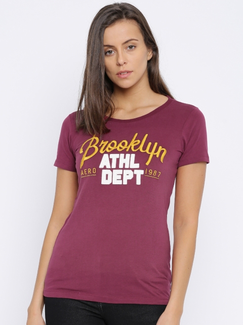 

Aeropostale Women Magenta Printed Round Neck T-shirt