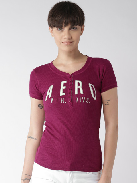 

Aeropostale Women Magenta Applique Detail Henley Neck T-shirt