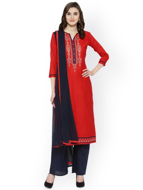 

Kvsfab Red & Blue Cotton Blend Unstitched Dress Material