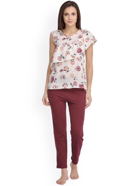 

Clovia White & Maroon Floral Print Night Suit LS0154P18XXL