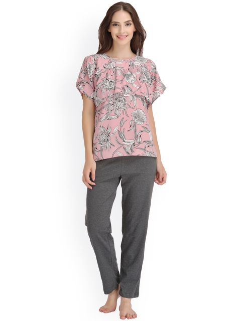 

Clovia Pink & Grey Printed Night Suit LS0170P22XXL