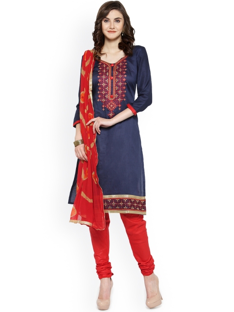 

Kvsfab Navy Blue & Red Satin Unstitched Dress Material