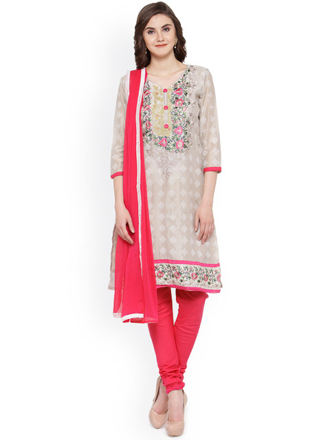 

Kvsfab Off-White & Pink Tussar Silk Unstitched Dress Material