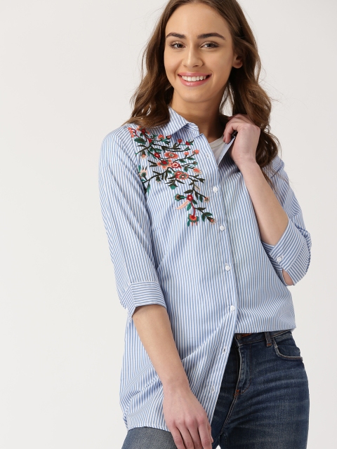 

DressBerry Women Blue & White Regular Fit Striped Longline Casual Shirt