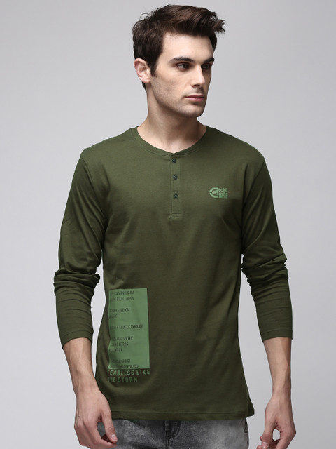 

Ecko Unltd Men Olive Green Printed Henley Neck T-Shirt