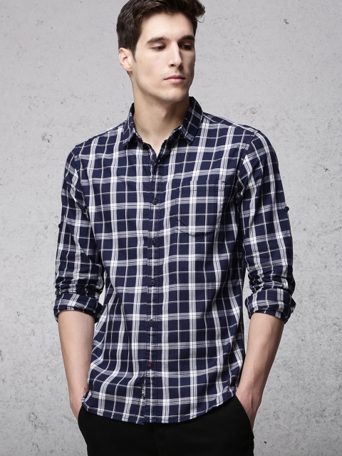 

Ecko Unltd Men Navy Blue & Off-White Slim Fit Checked Casual Shirt