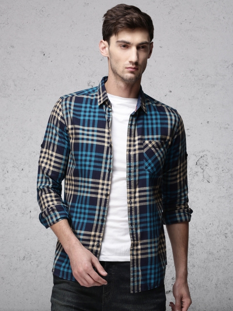 

Ecko Unltd Men Navy & Beige Regular Fit Checked Casual Shirt, Navy blue