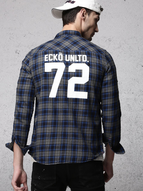 

Ecko Unltd Men Grey & Blue Slim Fit Checked Casual Shirt