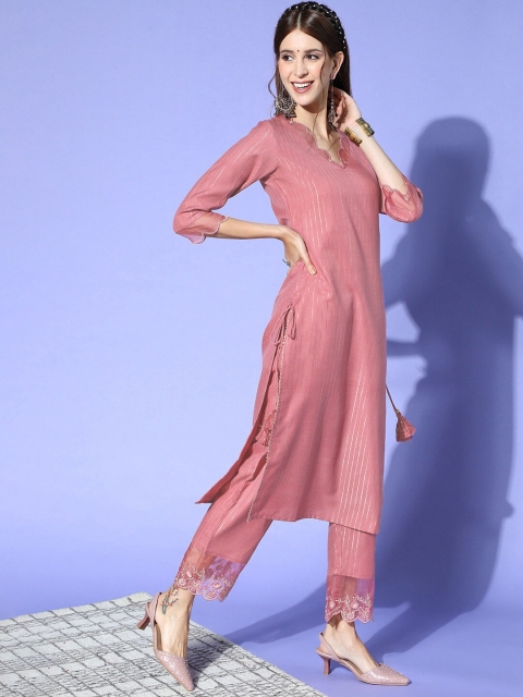 

Yufta Women Pink Striped Gotta Patti Kurta with Trousers & Dupatta
