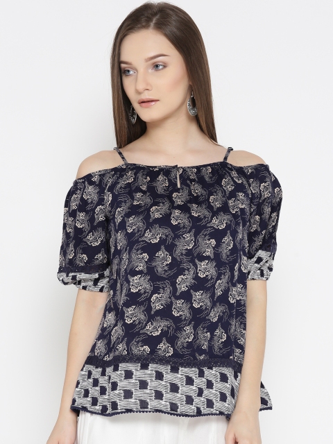 

HERE&NOW Women Navy & Beige Printed Bardot Top, Navy blue