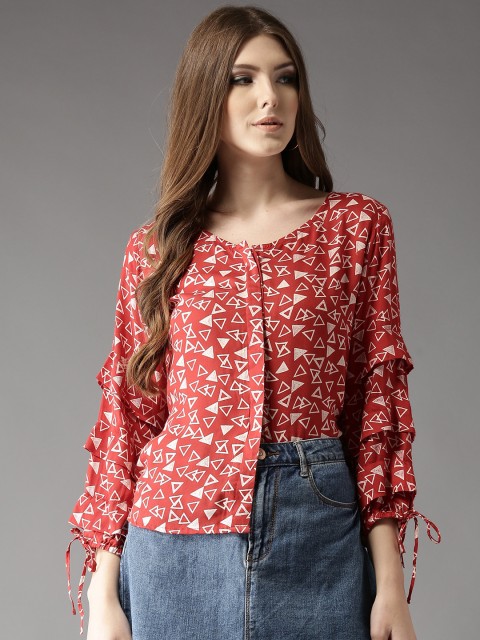 

HERE&NOW Women Red Printed Shirt Style Top