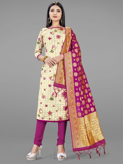 

KALINI Women Cream-Coloured & Pink Unstitched Dress Material