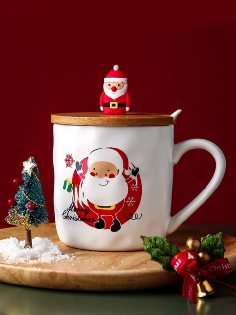 

Nestasia White & Red Printed Ceramic Glossy Cup With Wooden Lid & Spoon