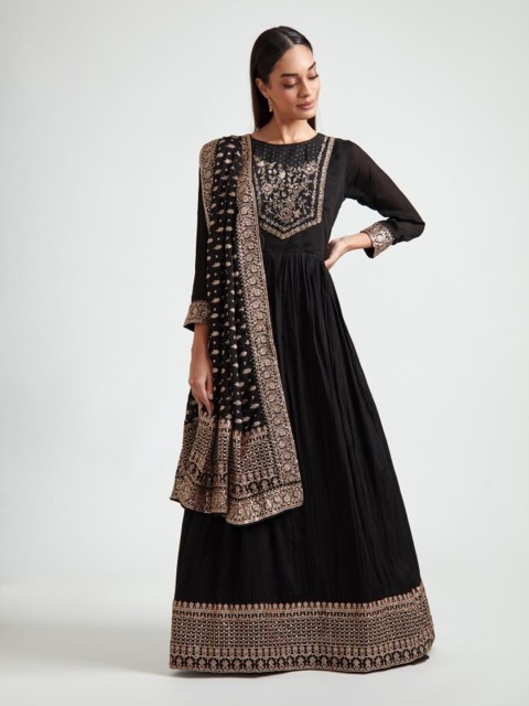 

Neerus Women Black Floral Embroidered Anarkali Kurta With Dupatta