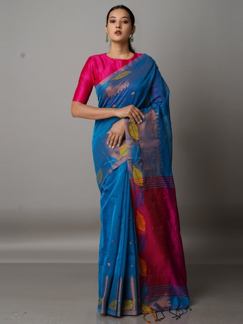 

Unnati Silks Teal & Red Woven Design Zari Silk Cotton Jamdani Saree