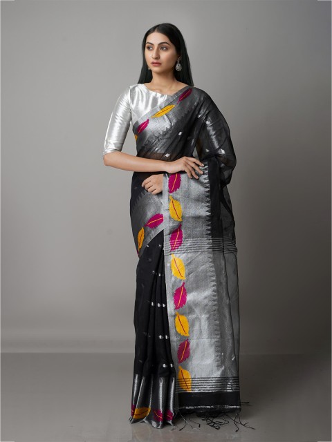 

Unnati Silks Black & Silver-Toned Woven Design Zari Silk Cotton Jamdani Saree