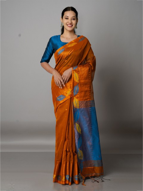 

Unnati Silks Bronze-Toned & Blue Woven Design Zari Silk Cotton Jamdani Saree
