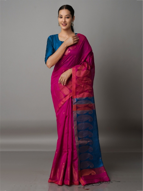 

Unnati Silks Pink & Blue Woven Design Zari Silk Cotton Jamdani Saree