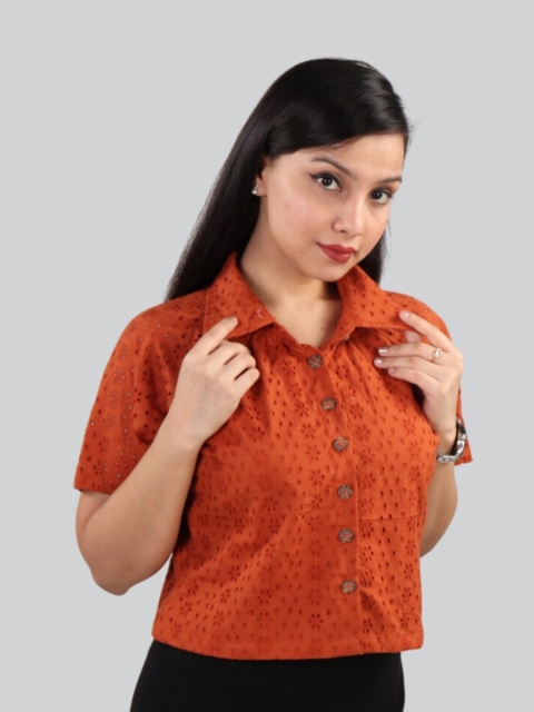 

The Label Bar Rust Floral Schiffli Shirt Style Top