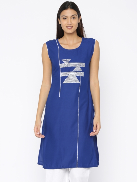 

Soch Women Blue Printed Straight Kurta