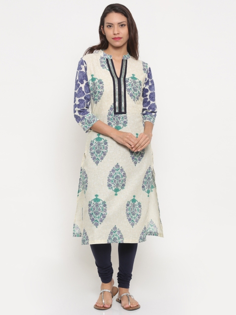 

Soch Women Cream-Coloured & Blue Printed A-Line Kurta