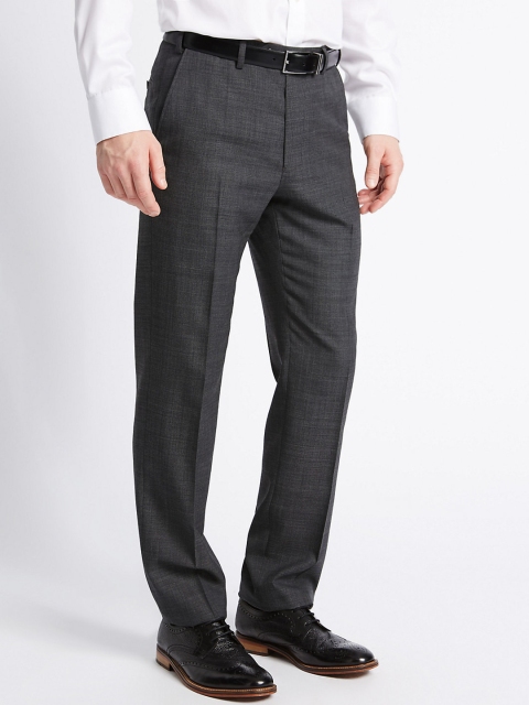 

Marks & Spencer Men Charcoal Grey Tailored Fit Solid Formal Trousers