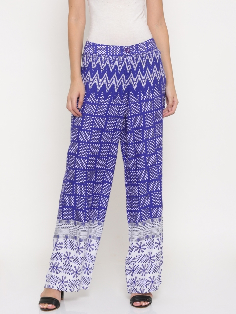 

Global Desi Women Purple & White Relaxed Straight Leg Straight Fit Printed Parallel Trousers