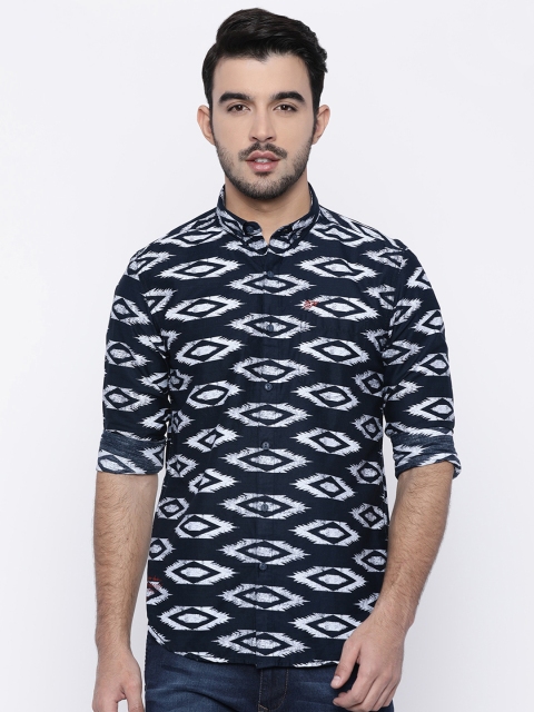 

Ed Hardy Men Navy & Off-White Regular Fit Printed Casual Shirt, Navy blue