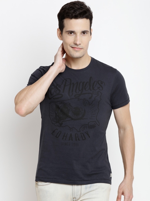 

Ed Hardy Men Charcoal Grey Printed Round Neck T-shirt