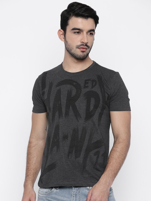 

Ed Hardy Men Charcoal Grey Printed Round Neck T-shirt