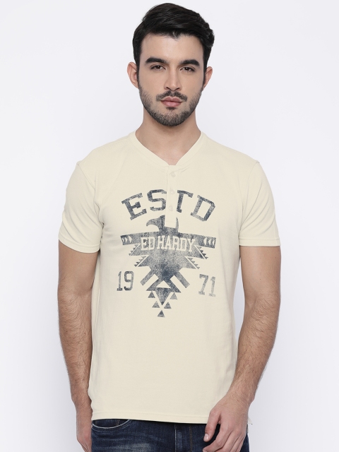 

Ed Hardy Men Off-White Printed Henley Pure Cotton T-shirt