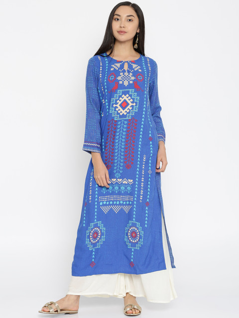 

Global Desi Women Blue Printed Straight Kurta