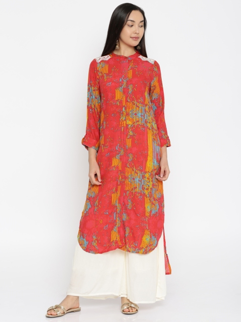 

Global Desi Women Coral Pink Printed Straight High-Low Kurta