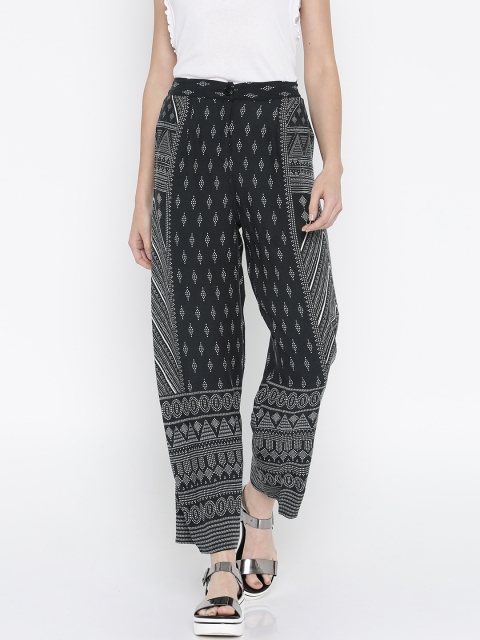 

Global Desi Women Charcoal Grey & White Printed Straight Palazzos