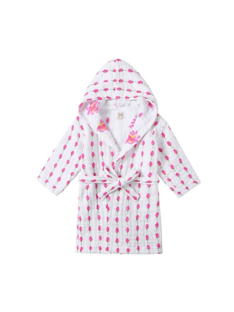 

Malabar Baby Kids White & Pink Floral Printed Muslin Bath Robe