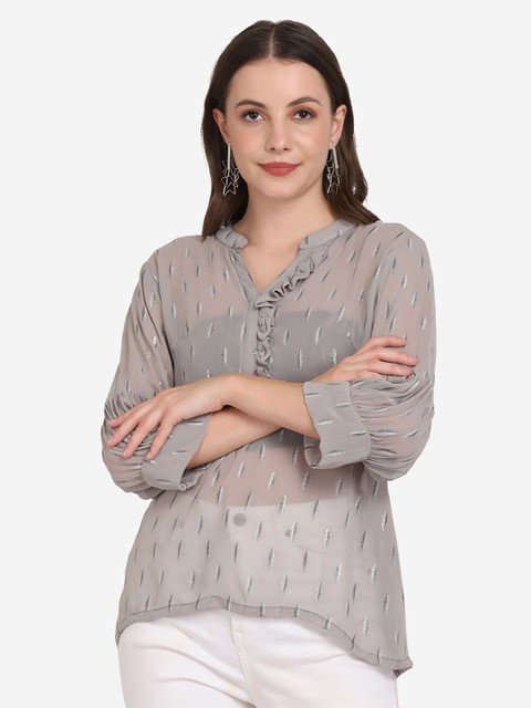 

SAKIA Grey Striped Mandarin Collar Top