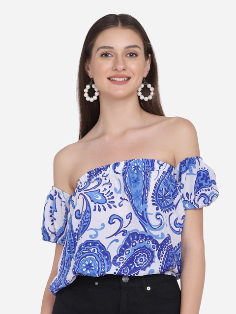 

SAKIA Blue Print Off-Shoulder Bardot Crop Top