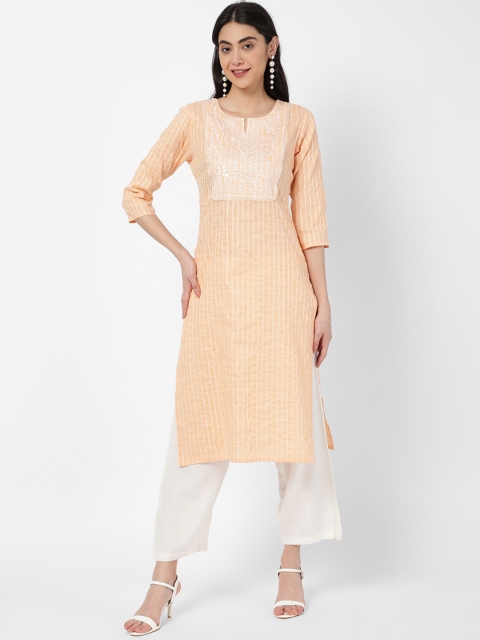 

R&B Women Orange & White Embroidered Cotton Straight Kurta
