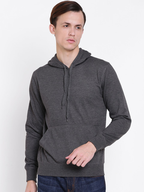 

FIFTY TWO Men Charcoal Grey Solid Hooded Sweatshirt