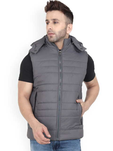

Xohy Men Grey Lightweight Hooded Sleeveless Longline Puffer Jacket