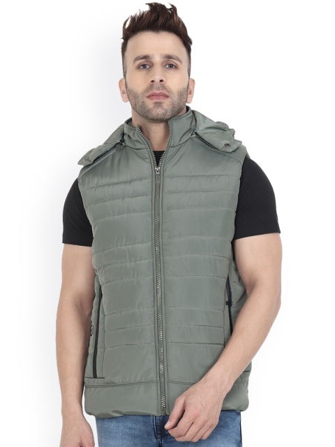 

Xohy Men Olive Green Lightweight Removable Hooded Sleeveless Puffer Jacket