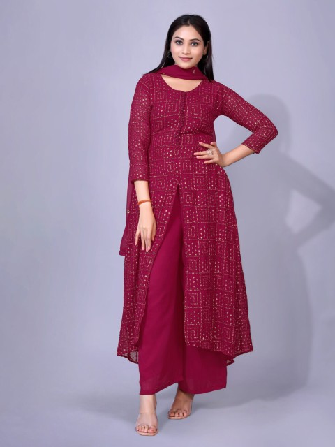 

kasee Women Red Embroidered Sequinned Kurta with Palazzos & With Dupatta
