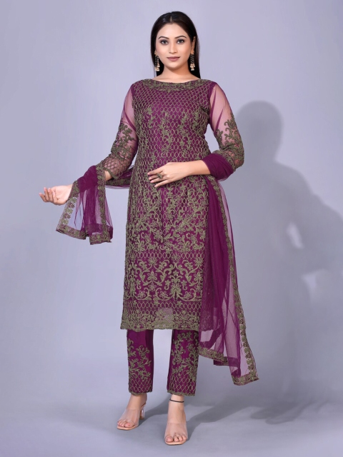 

kasee Women Purple Ethnic Motifs Embroidered Kurta with Trousers & With Dupatta