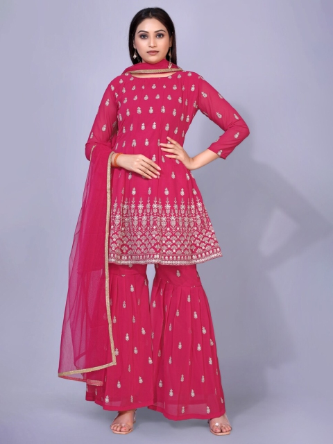 

kasee Women Red Ethnic Motifs Embroidered Kurta with Sharara & With Dupatta