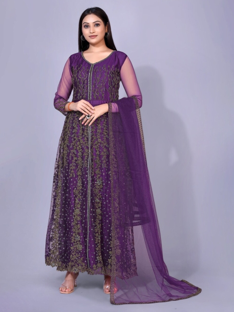 

kasee Women Purple Ethnic Motifs Embroidered Kurta with Trousers & With Dupatta