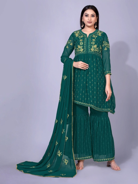 

kasee Women Green Floral Embroidered Kurta with Sharara & With Dupatta