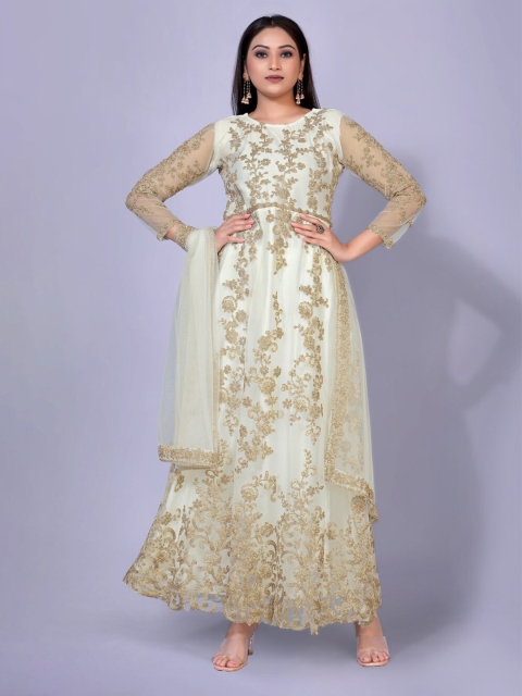 

kasee White Floral Net Embroidered Maxi Dress With Dupatta