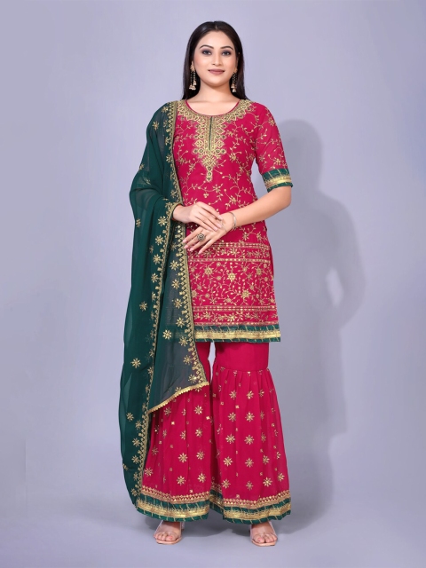

kasee Women Red Floral Embroidered Kurta with Sharara & With Dupatta